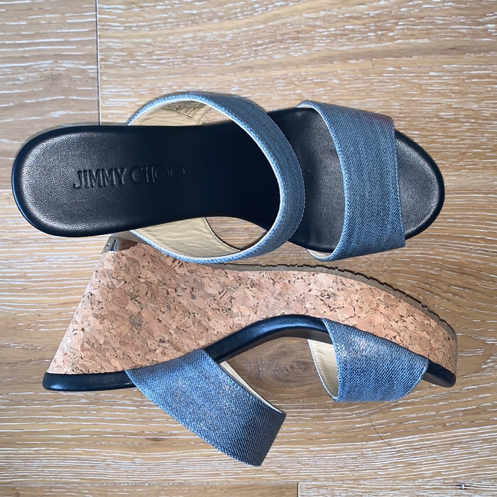Jimmy Choo Wedge, Never Worn, Size 37 Denim Blue Metallic Straps, Cork Wedge